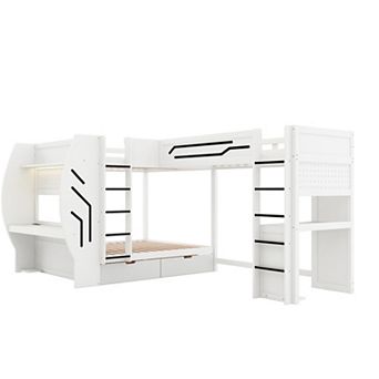 Pnronnc 3-in-1 Gaming Bunk Bed L-Shaped Loft Bed Built-in Desks, Ladders, Drawers, Drawers and LED