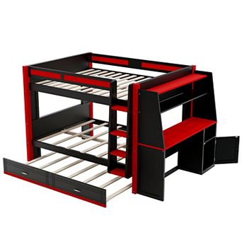 Pnronnc Gaming Bunk Bed All-in-one Bunk Bed with LED Light, Side Desk, Bookshelves and Drawers