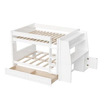 Pnronnc Gaming Bunk Bed All-in-one Bunk Bed with LED Light, Side Desk, Bookshelves and Drawers