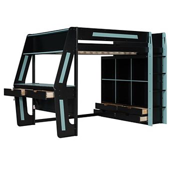 Pnronnc Modern Gaming Loft Bed Wooden High Bed with Desk, Smart RGB LED Lights, 6 Cubbies, 6 Drawers