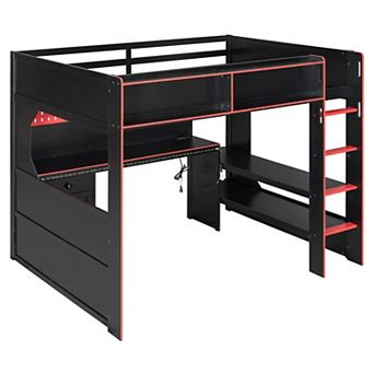 Pnronnc Modern Gaming Loft Bed Wooden Frame Bed with Integrated Desk, Lights and Charging Station