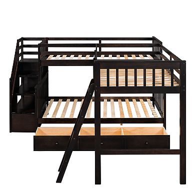 Pnronnc Twin over Full Platform Bed Loft Bed Bunk Bed L-Shaped Bed with 3 Drawers, Ladder, Staircase