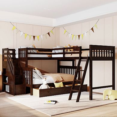 Pnronnc Twin over Full Platform Bed Loft Bed Bunk Bed L-Shaped Bed with 3 Drawers, Ladder, Staircase
