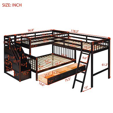 Pnronnc Twin over Full Platform Bed Loft Bed Bunk Bed L-Shaped Bed with 3 Drawers, Ladder, Staircase