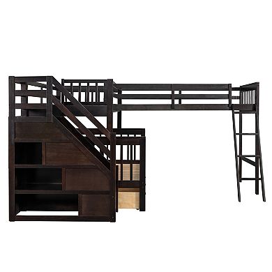 Pnronnc Twin over Full Platform Bed Loft Bed Bunk Bed L-Shaped Bed with 3 Drawers, Ladder, Staircase
