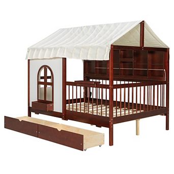 Pnronnc Wood Frame Kids Bed Storage House Bed Low Profile Loft Bed with 2 Drawers, Bookshelf, LED