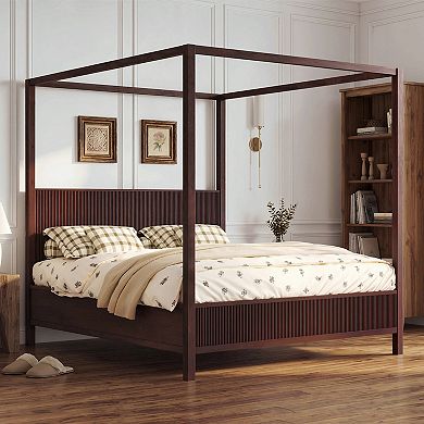 Pnronnc Canopy Frame Platform Bed Wooden Four Poster Bed Fluted Wingback Bed with Support Slats