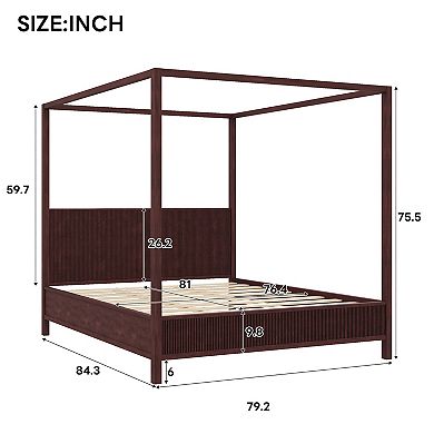 Pnronnc Canopy Frame Platform Bed Wooden Four Poster Bed Fluted Wingback Bed with Support Slats
