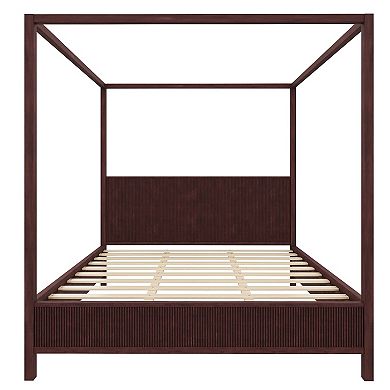 Pnronnc Canopy Frame Platform Bed Wooden Four Poster Bed Fluted Wingback Bed with Support Slats