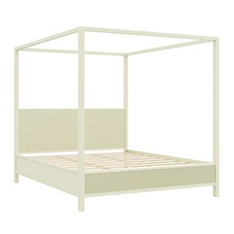 Pnronnc Canopy Frame Platform Bed Wooden Four Poster Bed Fluted Wingback Bed with Support Slats