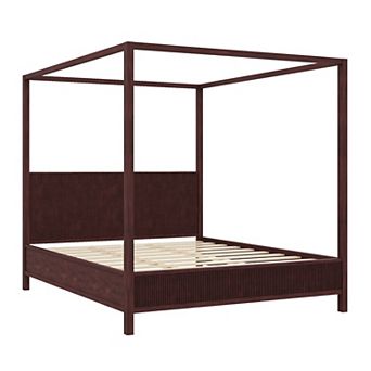 Pnronnc Canopy Frame Platform Bed Wooden Four Poster Bed Fluted Wingback Bed with Support Slats