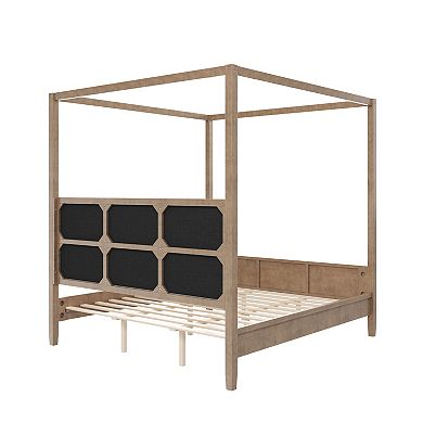 Pnronnc Wooden Canopy Frame Platform Bed 4 Poster Bed Upholstery Wingback Bed, No Box Spring Needed