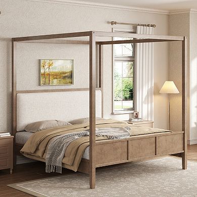 Pnronnc Wooden Canopy Frame Platform Bed 4 Poster Bed Upholstery Wingback Bed, No Box Spring Needed