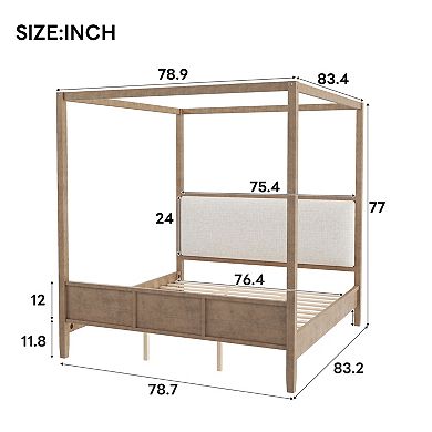 Pnronnc Wooden Canopy Frame Platform Bed 4 Poster Bed Upholstery Wingback Bed, No Box Spring Needed