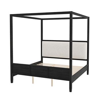 Pnronnc Wooden Canopy Frame Platform Bed 4 Poster Bed Upholstery Wingback Bed, No Box Spring Needed