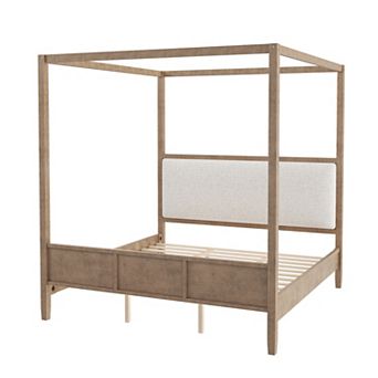Pnronnc Wooden Canopy Frame Platform Bed 4 Poster Bed Upholstery Wingback Bed, No Box Spring Needed
