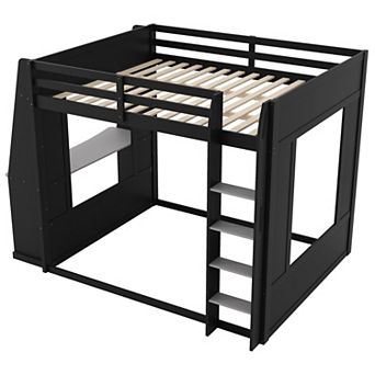 Pnronnc Wooden Bunk Bed Modern Gaming Bunk Bed with Desk, 2 Storage Shelves, USB and LED