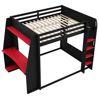 Pnronnc Wooden Bunk Bed Modern Gaming Bunk Bed with Desk, 2 Storage Shelves, USB and LED