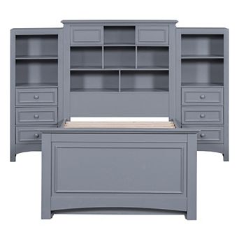 Pnronnc All-in-one Storage Platform Bed Twin Size Wood Bed with Bookcase Headboard, Drawers