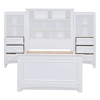 Pnronnc All-in-one Storage Platform Bed Twin Size Wood Bed with Bookcase Headboard, Drawers