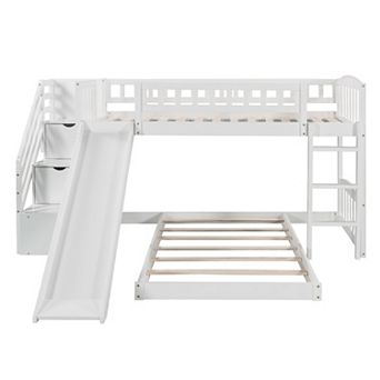 Pnronnc Stairway Frame Bunk Bed 2-in-1 Floor Platform Bed and Wooden Loft Bed with Drawers and Slide