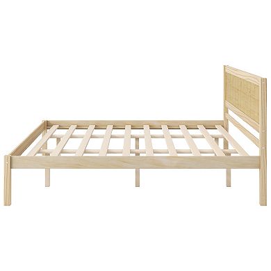 Pnronnc Classic Platform Bed Wood Frame Wingback Bed with Center Slat Support