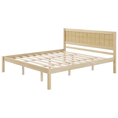 Pnronnc Classic Platform Bed Wood Frame Wingback Bed with Center Slat Support