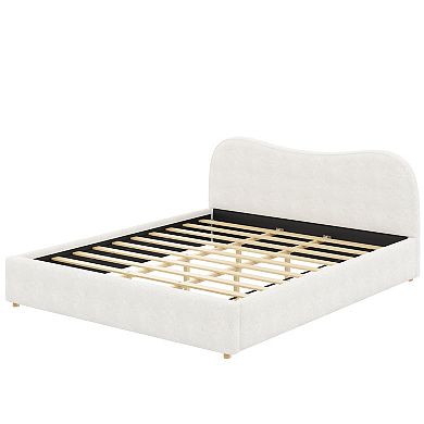 Pnronnc Boucle Upholstered Frame Bed Curved Wingback Bed Grounded Bed with Wooden Slats