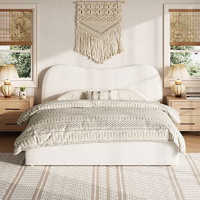 Pnronnc Boucle Upholstered Frame Bed Curved Wingback Bed Grounded Bed with Wooden Slats