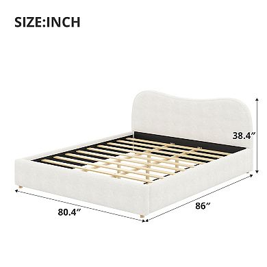 Pnronnc Boucle Upholstered Frame Bed Curved Wingback Bed Grounded Bed with Wooden Slats