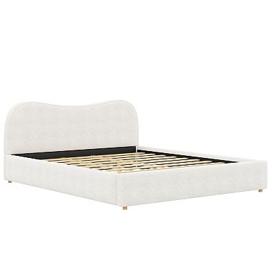 Pnronnc Boucle Upholstered Frame Bed Curved Wingback Bed Grounded Bed with Wooden Slats