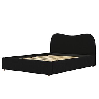 Pnronnc Boucle Upholstered Frame Bed Curved Wingback Bed Grounded Bed with Wooden Slats