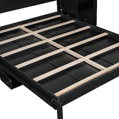 Pnronnc Queen Murphy Bed Storage Platform Bed Fold Bed with Bookcase, Desk, Cabinets, Drawers, LED