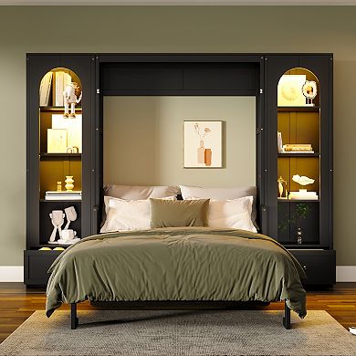 Pnronnc Queen Murphy Bed Storage Platform Bed Fold Bed with Bookcase, Desk, Cabinets, Drawers, LED