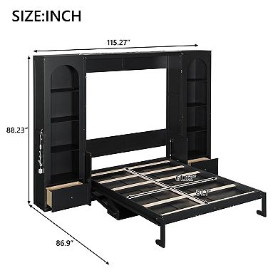 Pnronnc Queen Murphy Bed Storage Platform Bed Fold Bed with Bookcase, Desk, Cabinets, Drawers, LED
