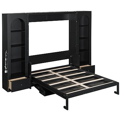 Pnronnc Queen Murphy Bed Storage Platform Bed Fold Bed with Bookcase, Desk, Cabinets, Drawers, LED