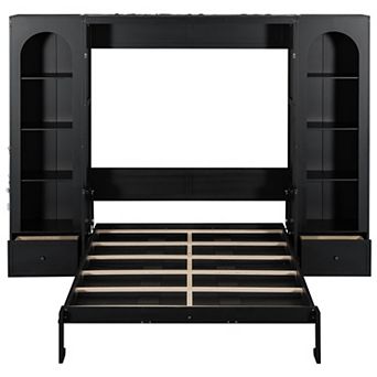 Pnronnc Queen Murphy Bed Storage Platform Bed Fold Bed with Bookcase, Desk, Cabinets, Drawers, LED