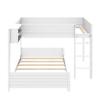 Pnronnc All-in-one Bunk Bed & Platform Bed Full XL Over Full XL Wood Bed with Storage Shelf, Ladder