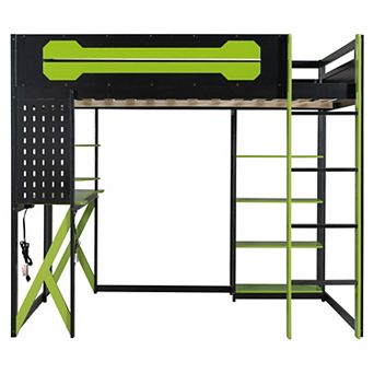 Pnronnc Modern Gaming Loft Bed Wood Frame Loft Bed with Desk, Shelves, Power Outlet, USB, RGB Light