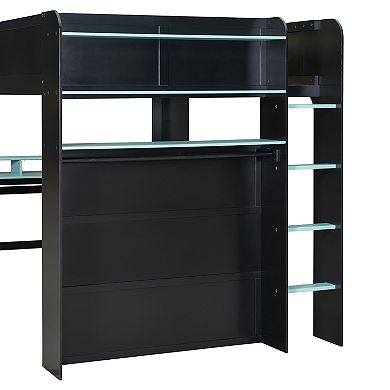 Pnronnc Full Size 2-in-1 Bed Bunk Bed and Loft Bed with Height-adjustable Desk, Wardrobe, RGB Light