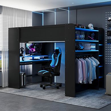 Pnronnc Full Size 2-in-1 Bed Bunk Bed and Loft Bed with Height-adjustable Desk, Wardrobe, RGB Light