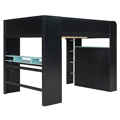 Pnronnc Full Size 2-in-1 Bed Bunk Bed and Loft Bed with Height-adjustable Desk, Wardrobe, RGB Light