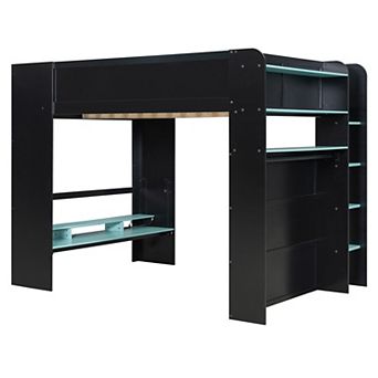 Pnronnc Full Size 2-in-1 Bed Bunk Bed and Loft Bed with Height-adjustable Desk, Wardrobe, RGB Light