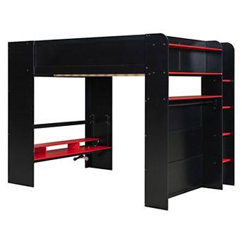 Pnronnc Full Size 2-in-1 Bed Bunk Bed and Loft Bed with Height-adjustable Desk, Wardrobe, RGB Light
