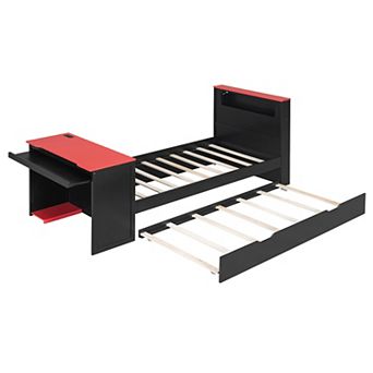 Pnronnc Wood Frame Daybed Gaming Platform Bed with Trundle Bed, Desk, LED Light and USB