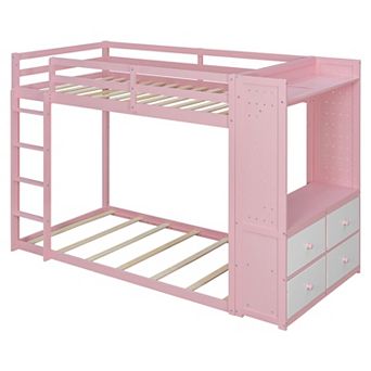 Pnronnc Twin Size Bunk Bed with 4 Drawers, Hanging Rail, Light, Built-in Shelves and Dual Pegboards