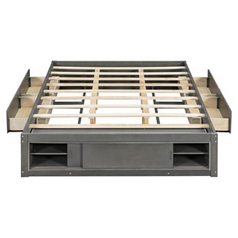 Pnronnc Open Bookcase Captains Bed Queen Size Platform Bed Frame with Drawers and Footboard Cubby