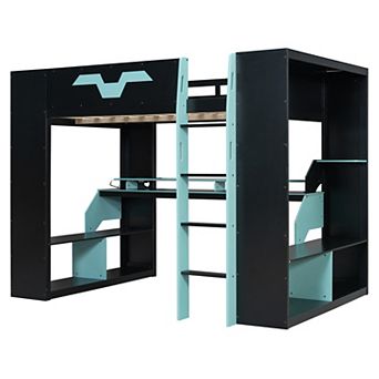 Pnronnc Wood Frame Loft Bed Full Size Kids Bed with Power Outlet, USB/Type-C Ports, and RGB Light