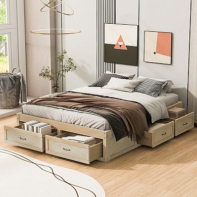Pnronnc Open Bed Storage Frame Platform Bed Bookcase Captains Bed Wooden Daybed with 6 Drawers