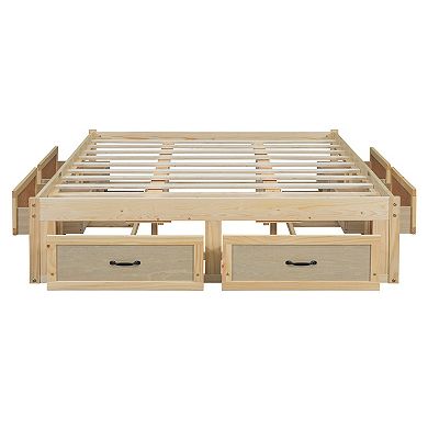 Pnronnc Open Bed Storage Frame Platform Bed Bookcase Captains Bed Wooden Daybed with 6 Drawers